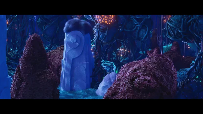 Animated film still of a glowing blue fantasy forest at night with a carved stone idol among purple foliage and luminous pods