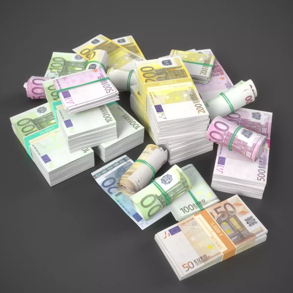 3D render of banded euro banknote bundles and rolls in 50, 100, 200 and 500 denominations on a dark surface