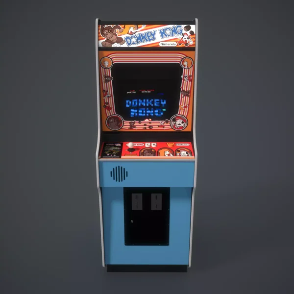 Front view 3D render of a Nintendo Donkey Kong arcade cabinet with blue body, illustrated marquee and the game title on screen