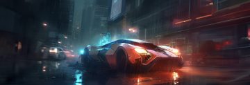 Wide concept art of a battered orange supercar racing through a rainy neon-lit city street at night, police lights behind