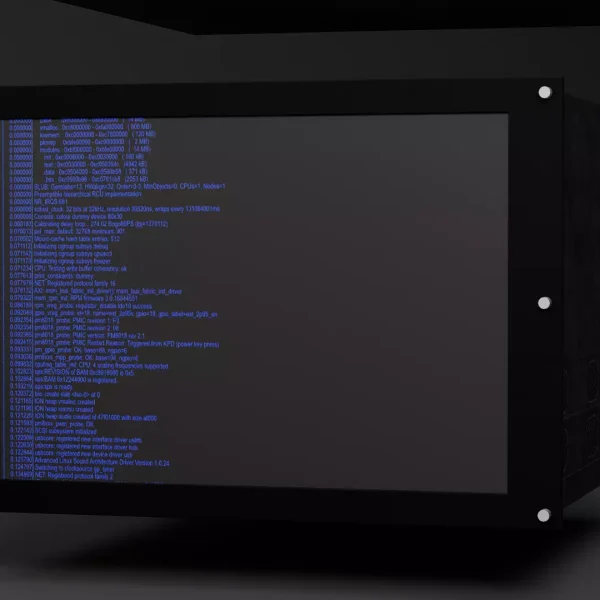 Dark 3D render of a rack-mounted server monitor displaying scrolling blue boot log text in a dim room