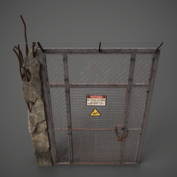 Angled 3D render of a weathered chain-link gate module with concrete pillar, exposed rebar and warning signage