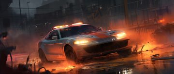 Concept art of a white pursuit sports car with roof lightbar skidding through burning debris on a wet industrial street
