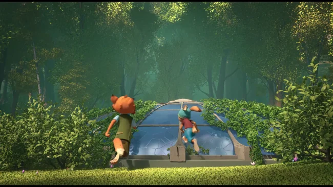 Animated film still of two animal characters climbing an overgrown glass dome structure in a green forest