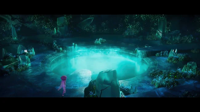 Animated film still of a lone pink-haired character beside a circular glowing turquoise pool in a dark stone amphitheatre