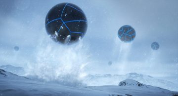 Concept art of dark spherical alien pods with glowing blue seams descending onto a snowy mountain landscape in a blizzard