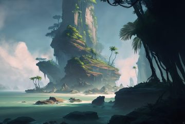 Concept art of a misty tropical bay with a towering jungle-covered rock island, palms and turquoise shallow water