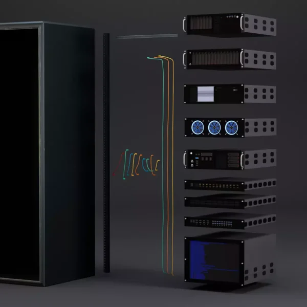 Exploded view render of a modular server rack showing the cabinet, cabling and individual rack units in perspective