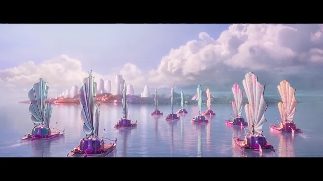 Animated film still of a fleet of small fan-sailed boats crossing calm pastel water toward a distant white city