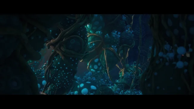 Animated film still of a dark teal forest interior with twisted vines and clusters of glowing blue orb-like plants