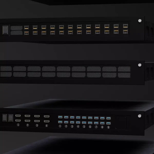 3D render close-up of black rack server units: a fibre patch panel, a blank vented panel and a numbered HDMI and USB port module