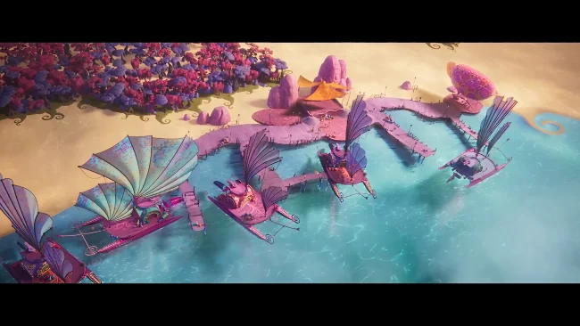 Aerial animated film still of a pink fantasy harbour with fan-sailed boats moored along wooden jetties in turquoise water