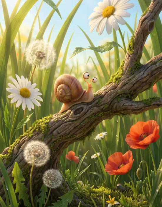 Rendered illustration of a cartoon snail resting on a mossy branch among daisies, poppies and dandelion clocks