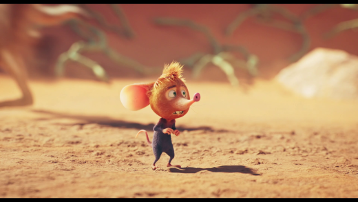 Animated film still of a wide-eyed cartoon mouse with big ears walking across cracked desert ground, dry branches behind