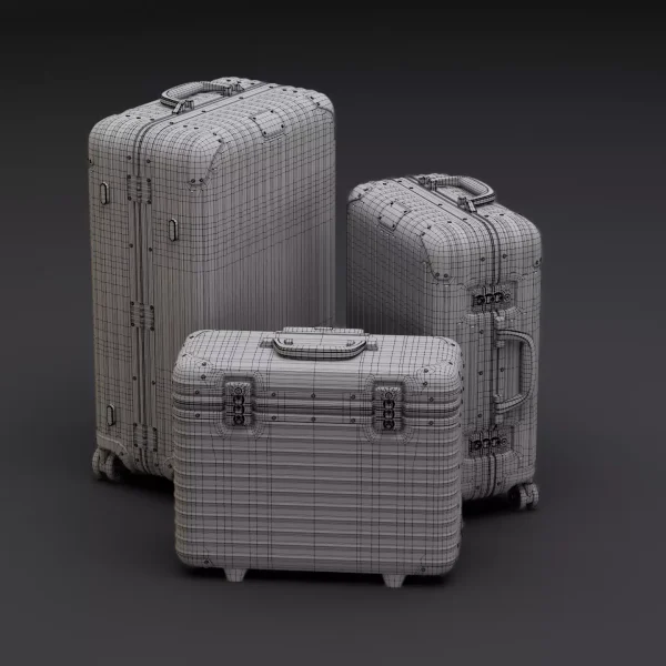 Wireframe topology render of three ribbed aluminium suitcases in different sizes on a dark studio background