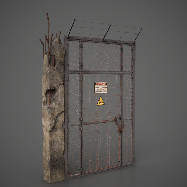 Angled 3D render of a chain-link gate with roof canopy, warning signs and a weathered concrete pillar with rebar