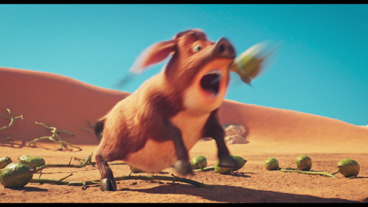 Animated film still of a warthog with wide open mouth chasing a flying insect over sand strewn with green desert melons