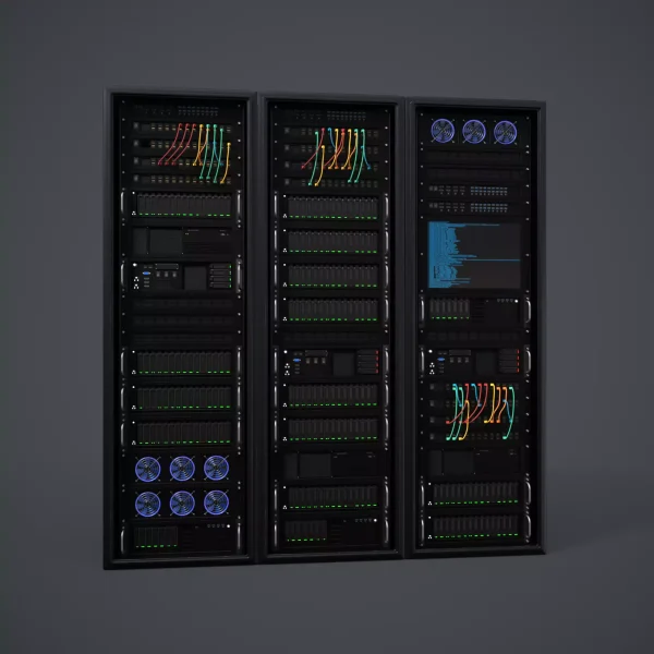 3D render of three black server racks seen head-on, with green LED strips, coloured cabling and a blue data readout screen