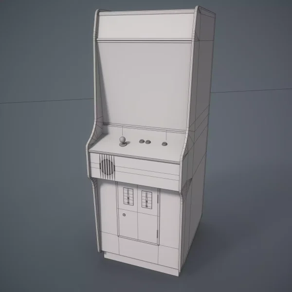 Untextured wireframe render of the arcade cabinet 3D model, showing clean edge flow on the panels, control deck and coin door