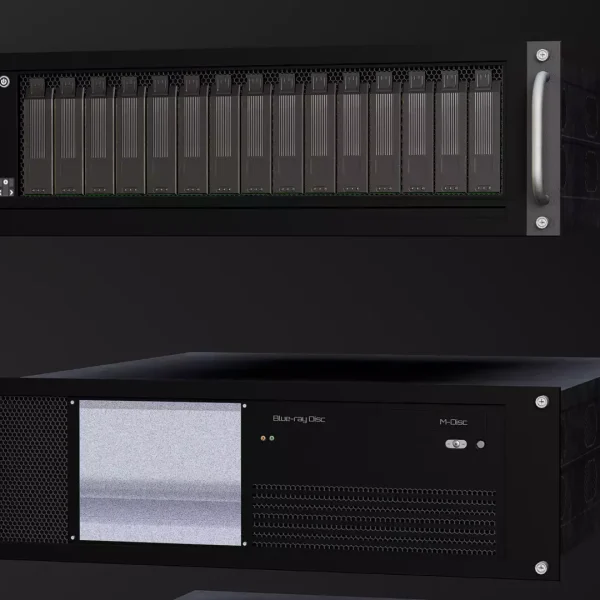 3D render of an open rack unit filled with a row of memory or blade cards, above a Blu-ray Disc and M-Disc drive module