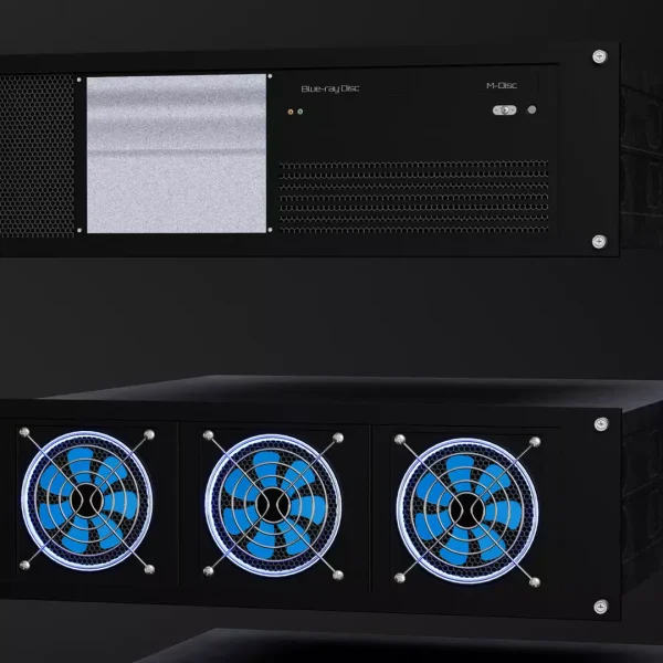 3D render of a rack unit labelled Blu-ray Disc and M-Disc above a server module with three glowing blue cooling fans