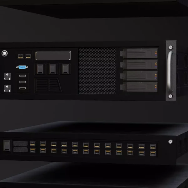 3D render of a black rack-mount server chassis with carrying handles, four hot-swap drive bays, VGA and USB ports, above a fibre patch panel