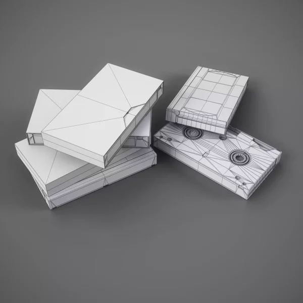 Wireframe topology render of stacked VHS video cassettes and their sleeves on a grey background