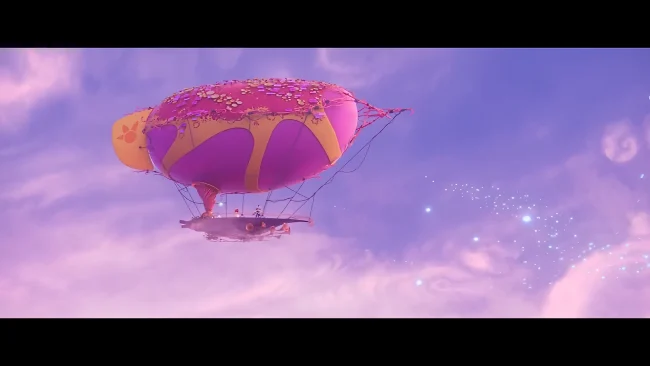 Animated film still of a pink flower-decorated airship balloon with a small gondola drifting through violet clouds