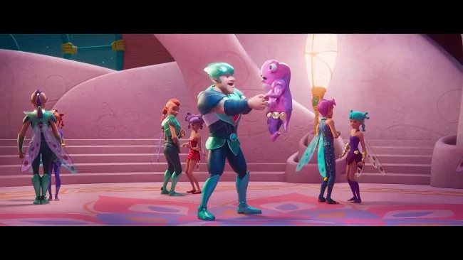 Animated film still of winged elf characters in a pink stone hall, one holding up a small purple creature