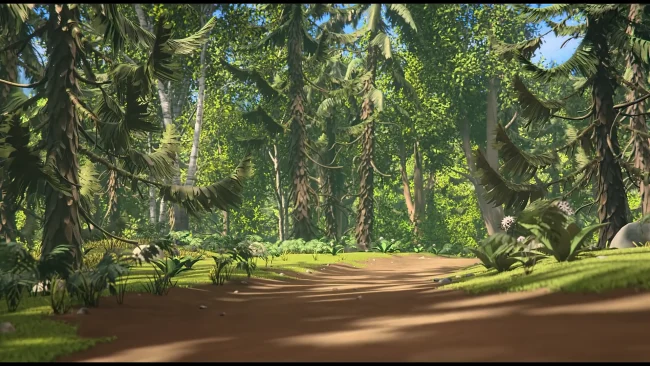 Animated film still of a sunlit forest clearing with a dirt path winding between tall conifers and ferns