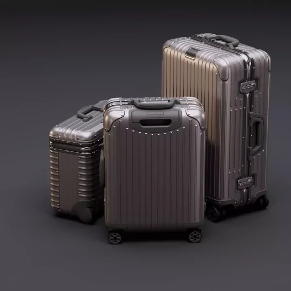 3D product render of a set of three ribbed aluminium suitcases of different sizes on a dark studio backdrop