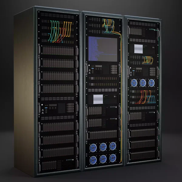 3D render of three warmly lit server cabinets from an angle, showing dense rack units, monitors and looping coloured cables