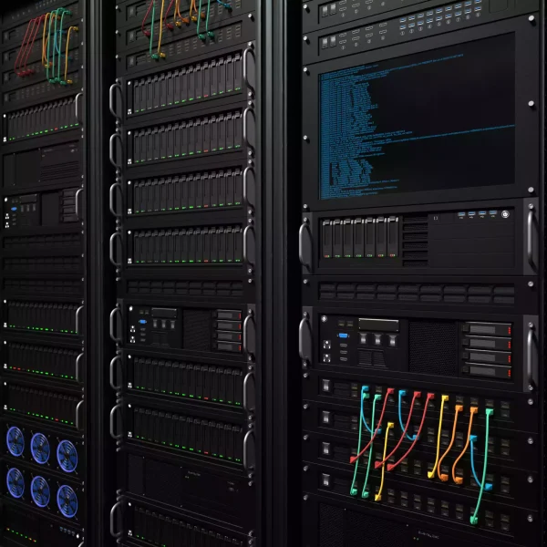 Close-up 3D render of server racks with green status LEDs, colourful patch cables and a monitor showing blue terminal code