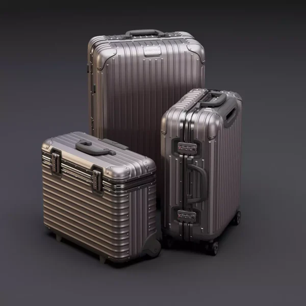 3D product render of three ribbed aluminium suitcases with combination locks and spinner wheels on a dark background