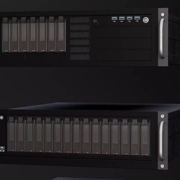 Close-up 3D render of two black rack-mount server chassis with hot-swap drive bays, USB ports and carry handles
