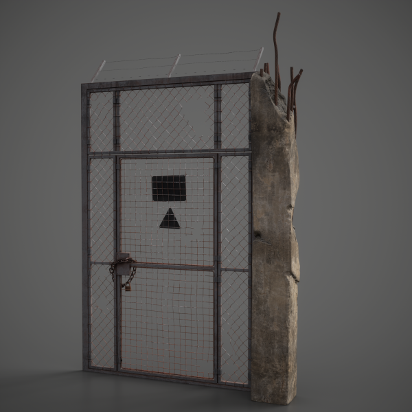 Three-quarter 3D render of a padlocked chain-link gate with a small barred window and concrete wall segment