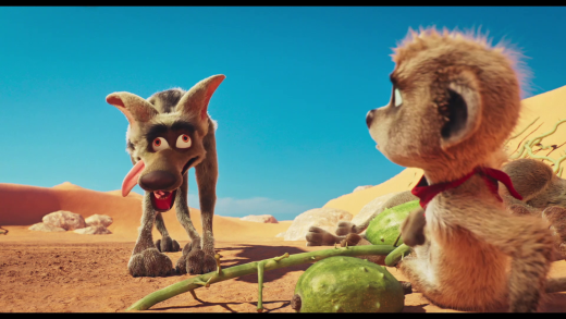 Animated film still of a panting jackal facing a meerkat with a red neckerchief across green desert melons in the sand
