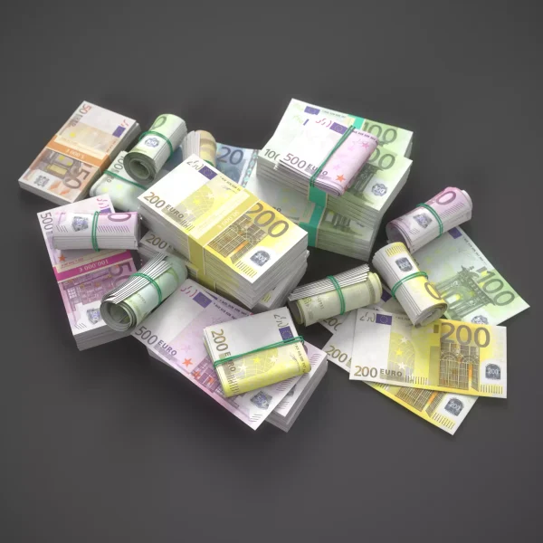3D render of scattered euro banknote bundles, loose 200 euro notes and rolled cash on a dark grey floor