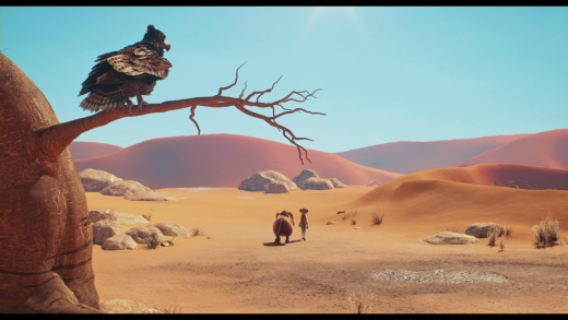 Animated film still of a bird of prey perched on a bare branch above red desert dunes, two small characters walking below