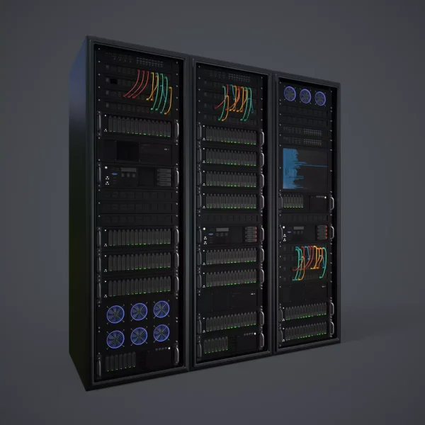 Angled 3D render of three fully populated black server racks with green status lights, blue cooling fans and coloured patch cables