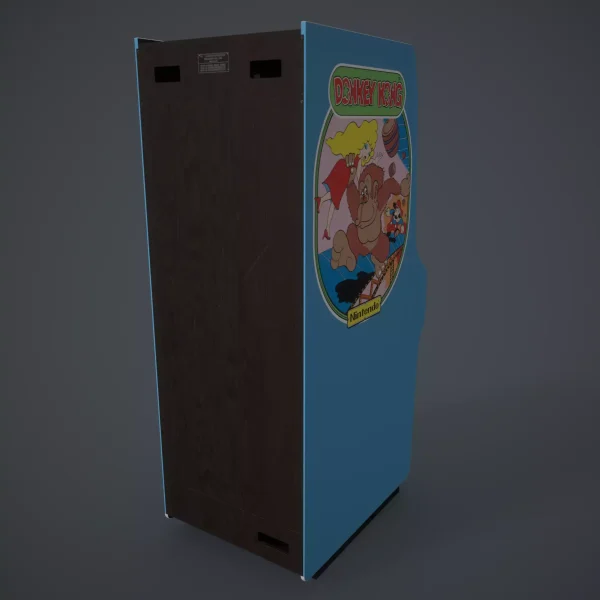 Rear three-quarter 3D render of a Donkey Kong arcade cabinet showing the plywood back panel and the illustrated blue side art