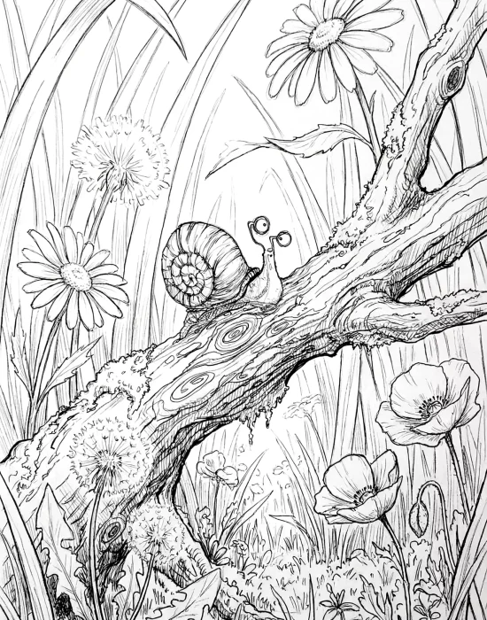 Black and white line art sketch of a cartoon snail on a mossy branch among daisies, poppies and dandelion clocks