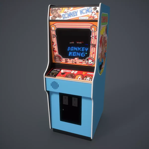 Three-quarter 3D render of a Donkey Kong arcade cabinet with blue side art, red control panel and the title screen glowing