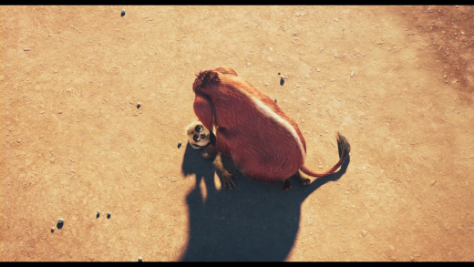 Overhead animated film still of a small meerkat leaning against a large red furry aardvark sitting on bare desert ground