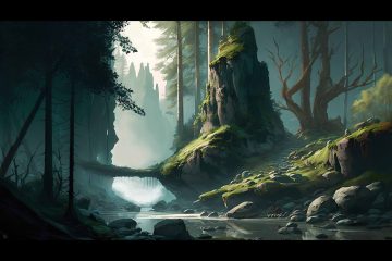 Painted concept art of a misty forest ravine with a mossy rock outcrop, stone stairs and a shallow river