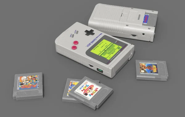 3D render of two classic Game Boy handhelds, one front and one back, surrounded by four game cartridges on a grey backdrop