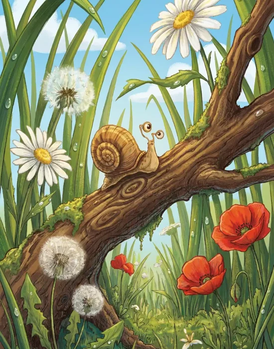 Coloured concept illustration of a cartoon snail on a mossy branch surrounded by grass, daisies, poppies and dandelion clocks