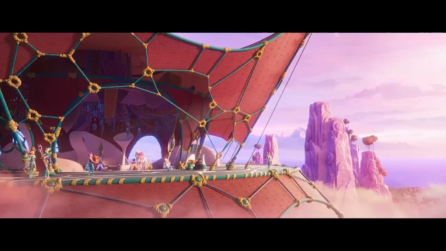 Animated film still of characters on the deck of a red rope-rigged airship above pink rock spires and clouds