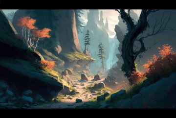 Painted concept art of a narrow rocky mountain pass with autumn red foliage, pines and a sandy trail