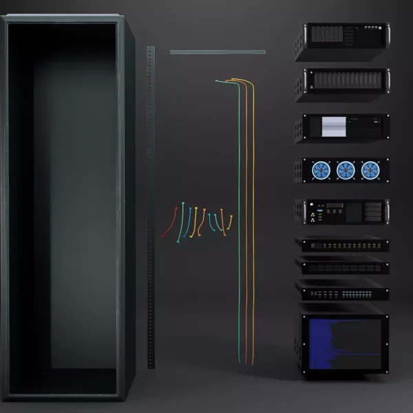 Exploded 3D render of a modular server rack: empty cabinet, cables and a stack of rack-mounted units floating apart